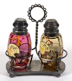 MT. WASHINGTON JAPANESQUE ENAMEL-DECORATED ART GLASS CONDIMENT SET