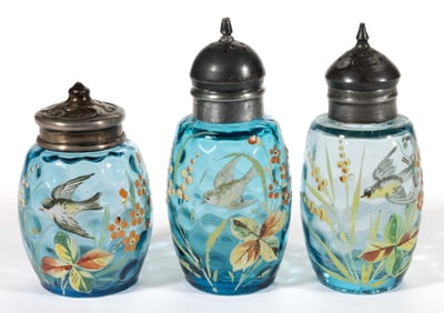 MT. WASHINGTON BIRD IN FLIGHT ENAMEL DECORATED ART GLASS SALT AND PEPPER SHAKERS, LOT OF THREE