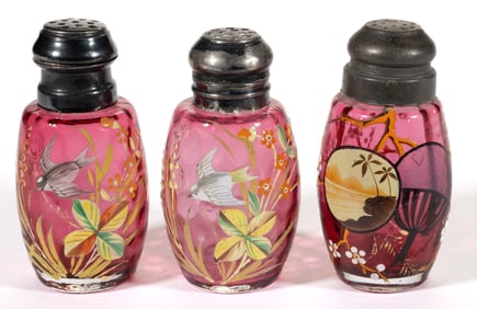 MT. WASHINGTON ENAMEL DECORATED GLASS SALT AND PEPPER SHAKERS, LOT OF THREE