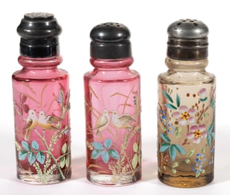 MT. WASHINGTON ENAMEL DECORATED ART GLASS SALT AND PEPPER SHAKERS, LOT OF THREE