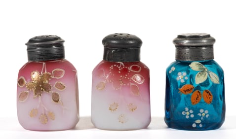 MT. WASHINGTON PINCHED SIDES ENAMEL DECORATED GLASS SALT AND PEPPER SHAKERS, LOT OF THREE