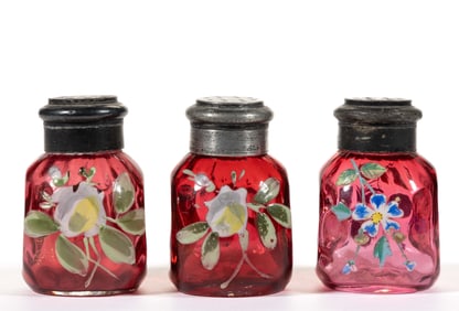 MT. WASHINGTON PINCHED SIDES ENAMEL DECORATED GLASS SALT AND PEPPER SHAKERS, LOT OF THREE