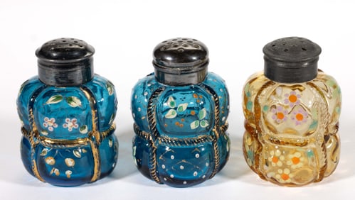 MT. WASHINGTON / PAIRPOINT BALE ENAMEL-DECORATED SALT AND PEPPER SHAKERS, LOT OF TWO