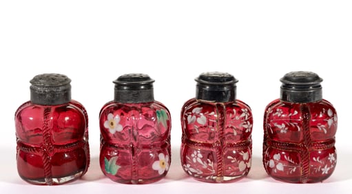 MT. WASHINGTON / PAIRPOINT BALE ENAMEL-DECORATED SALT AND PEPPER SHAKERS, LOT OF FOUR