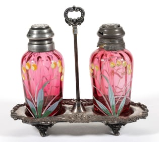 NEW ENGLAND PANEL-OPTIC ENAMEL-DECORATED GLASS SALT AND PEPPER SHAKER IN STAND