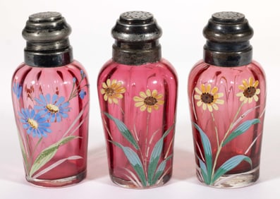 NEW ENGLAND PANEL-OPTIC ENAMEL DECORATED GLASS SALT AND PEPPER SHAKERS, LOT OF THREE