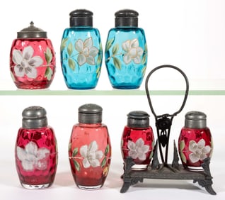 NEW ENGLAND SPOT-OPTIC ENAMEL DECORATED GLASS SALT AND PEPPER SHAKERS, LOT OF SIX