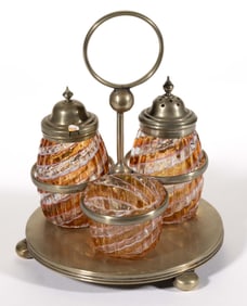 VICTORIAN SWIRLED AND RIBBED GLASS THREE-PIECE CONDIMENT SET