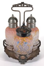 VICTORIAN DIAMOND-QUILT ENAMEL-DECORATED THREE-BOTTLE CASTER SET
