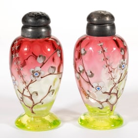 VICTORIAN RUBINA VERDE SPOT-OPTIC GLASS PAIR OF SALT AND PEPPER SHAKERS