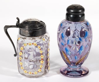 VICTORIAN ALEXANDRITE ENAMEL DECORATED GLASS CONDIMENT ARTICLES, LOT OF TWO