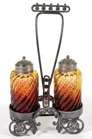 VICTORIAN AMBERINA TWIST PILLAR GLASS CONDIMENT SET
