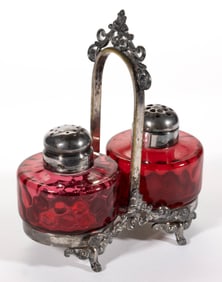 VICTORIAN SPOT-OPTIC HOCKEY PUCK GLASS SALT AND PEPPER SHAKER IN STAND