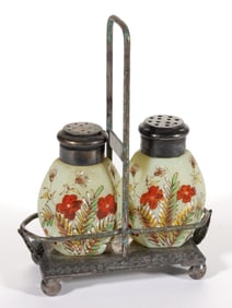 HEXAGLORY DECORATED PAIR OF SALT AND PEPPER SHAKERS IN STAND