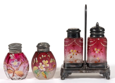 HEXAGLORY DECORATED SALT AND PEPPER SHAKERS, LOT OF FOUR