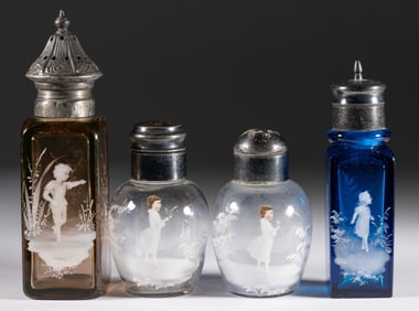 VICTORIAN MARY GREGORY (SO-CALLED) DECORATED GLASS SALT AND PEPPER SHAKERS, LOT OF FOUR