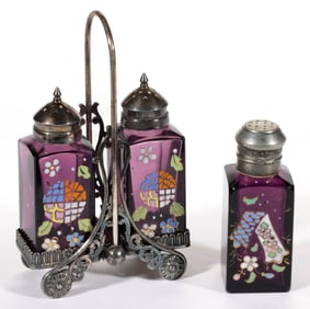 EUROPEAN ENAMEL DECORATED SALT AND PEPPER SHAKER IN STAND AND LOOSE SALT SHAKER, LOT OF TWO