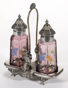 EUROPEAN ENAMEL DECORATED HEXAGONAL GLASS SALT AND PEPPER SHAKER IN STAND