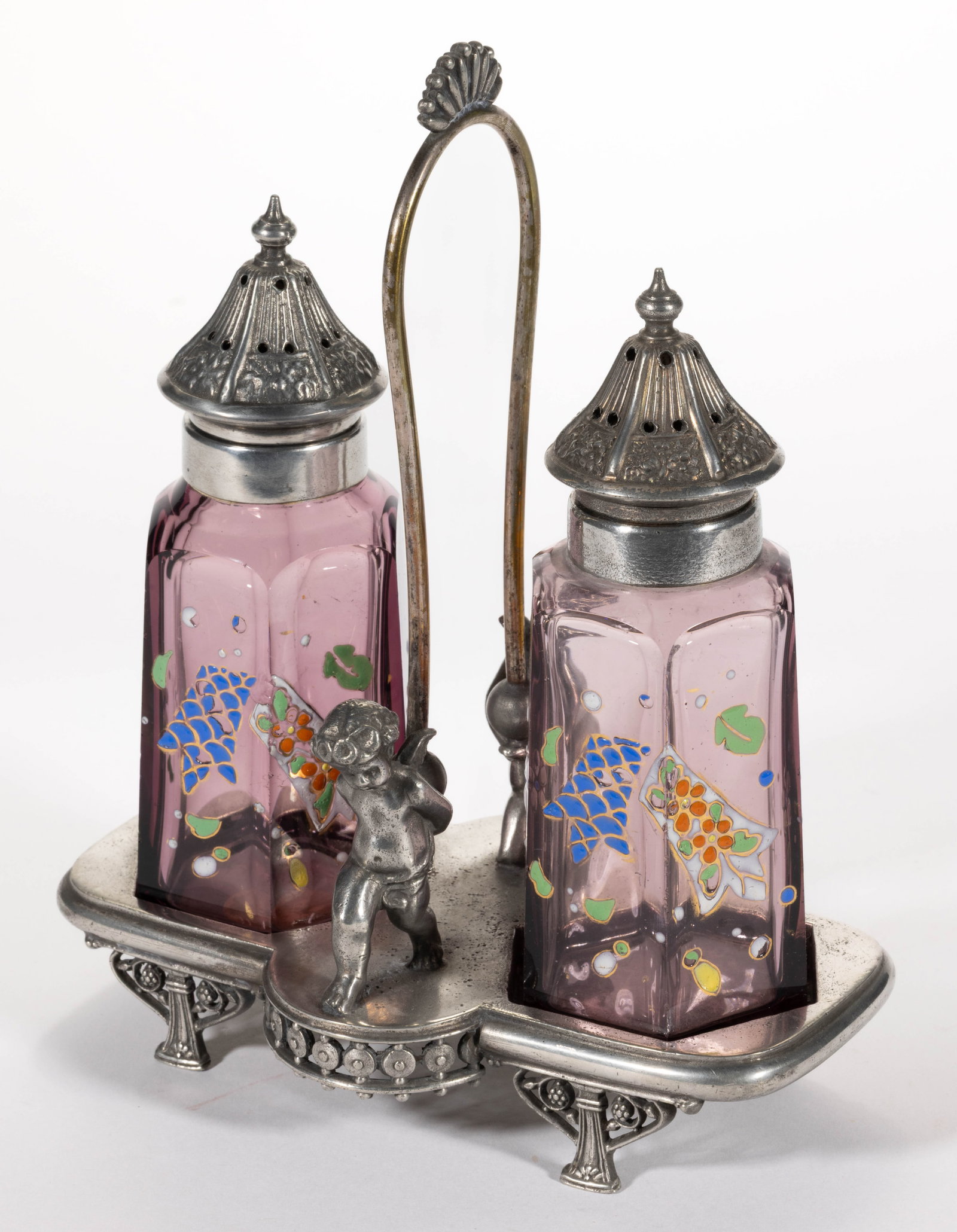 EUROPEAN ENAMEL DECORATED HEXAGONAL GLASS SALT AND PEPPER SHAKER IN STAND: EUROPEAN ENAMEL DECORATED HEXAGONAL GLASS SALT AND PEPPER SHAKER IN STAND, amethyst with polychrome-enamel decoration, each having matching abstract floral decoration with each having a period two-pie
