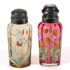 VICTORIAN ORANGE BERRIES ENAMEL DECORATION GLASS SALT AND PEPPER SHAKER