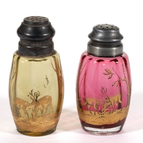 VICTORIAN GILT DECORATED PANEL-OPTIC GLASS SALT AND PEPPER SHAKER, LOT OF TWO