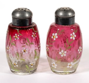 VICTORIAN MOIRE-OPTIC ENAMEL DECORATION GLASS SALT AND PEPPER SHAKERS