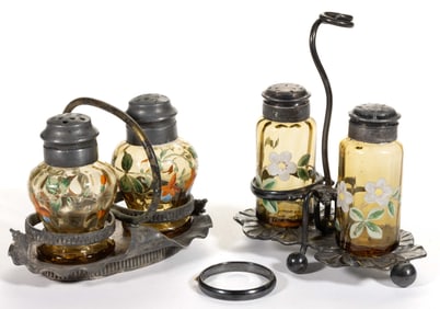 VICTORIAN ENAMEL DECORATED GLASS SALT AND PEPPER SETS IN STAND, LOT OF TWO