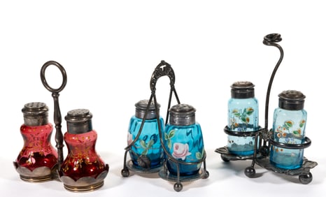 VICTORIAN ENAMEL DECORATED GLASS SALT AND PEPPER SHAKERS SETS IN STAND, LOT OF THREE