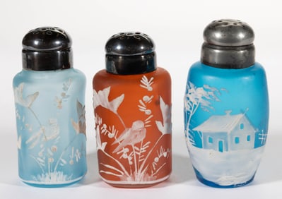 PHOENIX ATTRIBUTED PSEUDO-CAMEO DECORATED GLASS SALT AND PEPPER SHAKERS, LOT OF THREE