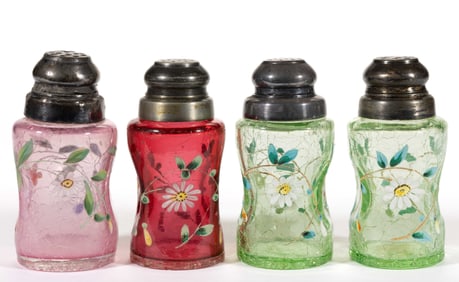 VICTORIAN ENAMEL DECORATED CRACKLE GLASS SALT AND PEPPER SHAKERS, LOT OF FOUR