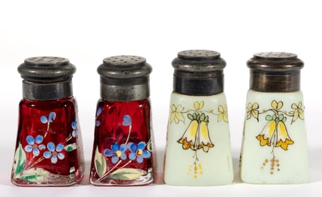 PHOENIX ATTRIBUTED ENAMEL DECORATED GLASS SALT AND PEPPER SHAKERS, LOT OF FOUR