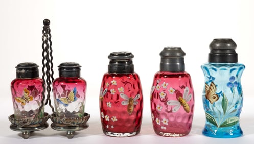 VICTORIAN SPOT-OPTIC ENAMEL DECORATED GLASS SALT AND PEPPER SHAKERS, LOT OF FOUR