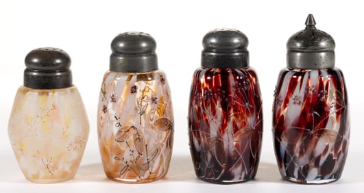 PHOENIX SPOT-OPTIC ENAMEL DECORATED SPATTER GLASS SALT AND PEPPER SHAKERS, LOT OF FOUR