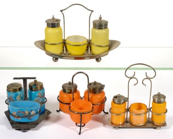 ASSORTED CASED / TRANSLUCENT GLASS CONDIMENT SETS, LOT OF FOUR