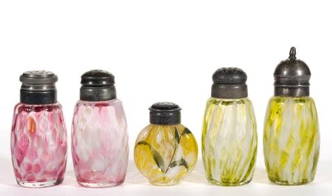 PHOENIX SPOT-OPTIC ENAMEL DECORATED SPATTER GLASS SALT AND PEPPER SHAKERS, LOT OF FOUR