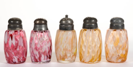 PHOENIX SPOT-OPTIC SPATTER GLASS SALT AND PEPPER SHAKERS, LOT OF FIVE