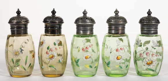 NATIONAL ENAMEL DECORATED PANEL-OPTIC SALT AND PEPPER SHAKERS, LOT OF FIVE