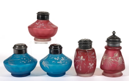 PHOENIX PSEUDO-CAMEO ENAMEL DECORATED GLASS SALT AND PEPPER SHAKERS, LOT OF FIVE