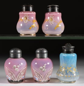 ASSORTED EUROPEAN TRANSLUCENT GLASS SALT AND PEPPER SHAKERS, LOT OF FIVE