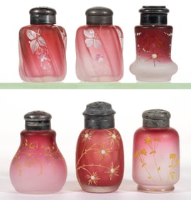 VICTORIAN FROSTED RUBINA ENAMEL DECORATED GLASS SALT AND PEPPER SHAKERS, LOT OF SIX