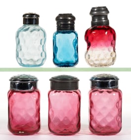 PHOENIX ATTRIBUTED SPOT-OPTIC PINCHED SIDES GLASS SALT AND PEPPER SHAKERS, LOT OF SIX