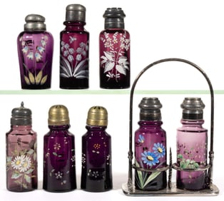 VICTORIAN AMETHYST ENAMEL DECORATION GLASS SALT AND PEPPER SHAKERS, LOT OF SEVEN