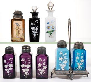 EUROPEAN CUT AND ENAMEL DECORATED GLASS CONDIMENT ARTICLES, LOT OF SEVEN