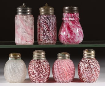 HOBBS SPATTER DECORATED GLASS SALT AND PEPPER SHAKERS, LOT OF SEVEN