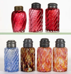 VICTORIAN TWISTED PILLAR PRESSED GLASS SALT AND PEPPER SHAKERS, LOT OF SEVEN