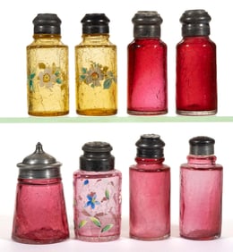 VICTORIAN CREASED NECK CRACKLED GLASS CONDIMENT ARTICLES, LOT OF EIGHT