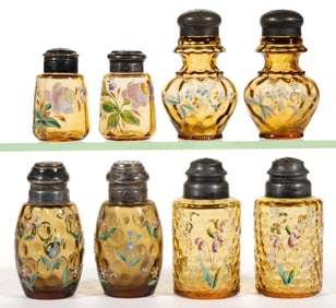 ASSORTED VICTORIAN DECORATED OPTIC SALT AND PEPPER SHAKERS, LOT OF EIGHT