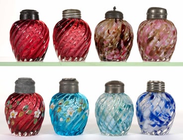 VICTORIAN REVERSE SWIRL CASED GLASS SALT AND PEPPER SHAKERS, LOT OF EIGHT