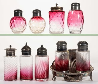 VICTORIAN OPTIC MOLDED RUBINA GLASS SALT AND PEPPER SHAKERS, LOT OF EIGHT