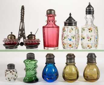 ASSORTED VICTORIAN GLASS SALT SHAKERS AND CONDIMENT ARTICLES, LOT OF NINE